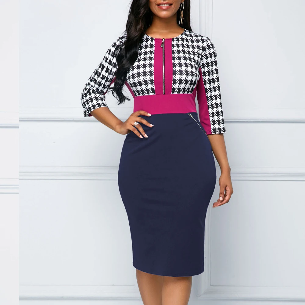 Синий Winter Autumn Dress Women Casual Plus Size Slim Office Pencil Bodycon Dresses Elegant Vintage Sexy Plaid Party Dress 5XL - Цвет: Синий