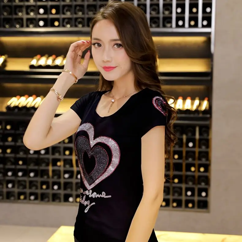 Футболки со стразами и звездами 2019 женские футболки Стразы с коротким рукавом