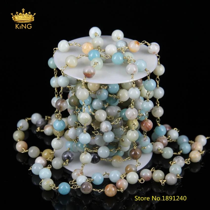 5Meter 8mm Smooth Round Amazonite Beaded Chains Jewelry Rosary Chain Wire Wrapped Stones Plated Brass Copper Necklace ZJ10 | Украшения и