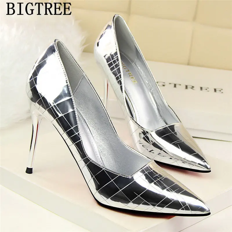 New Arrival 2021 Gold Shoes Patent Leather Silver Heels Bigtree Stiletto Office Women Fetish High Ayakkabi | Обувь