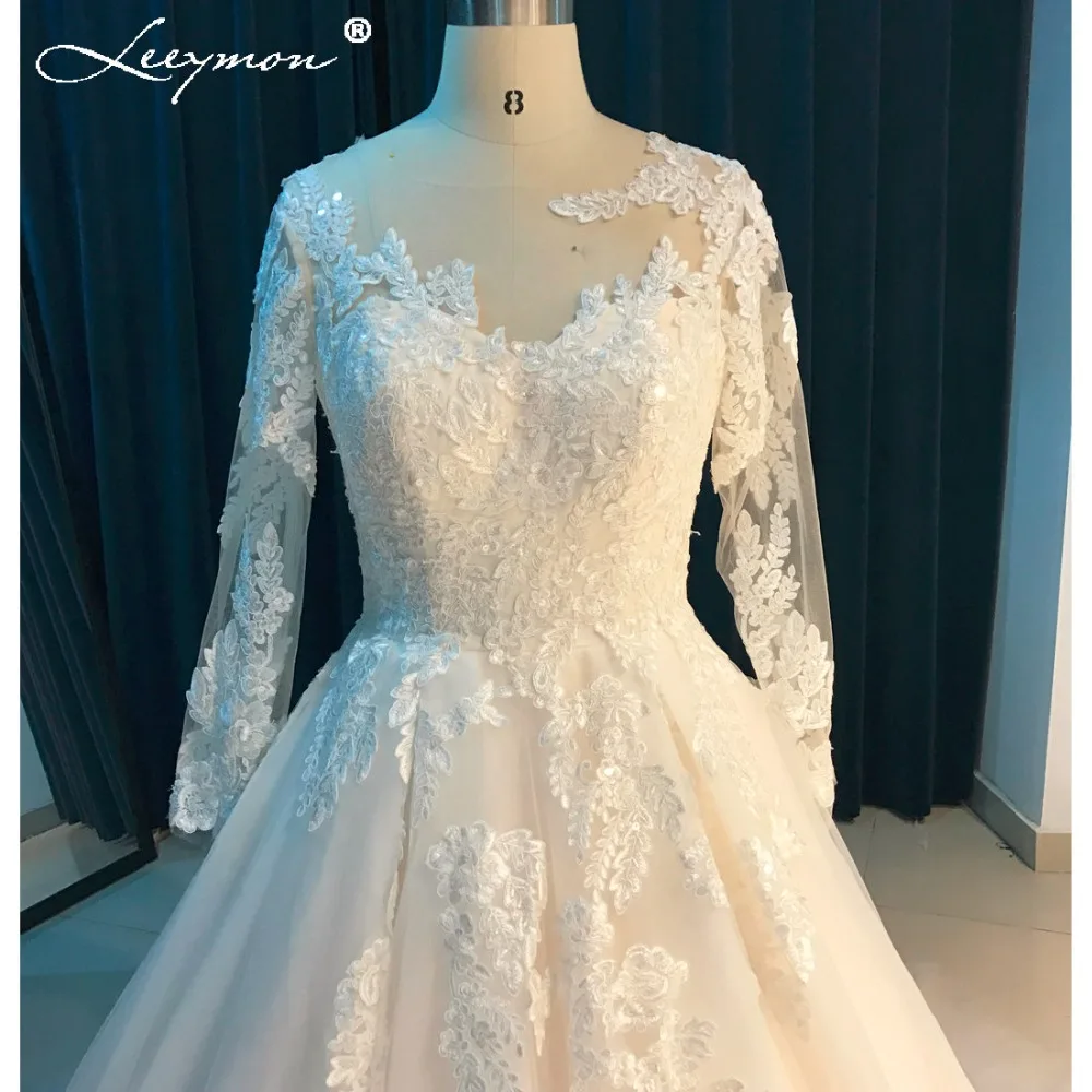 Leeymon с длинными рукавами кружева свадебное платье 2017 Sheer V обратно плюс размер Vestido