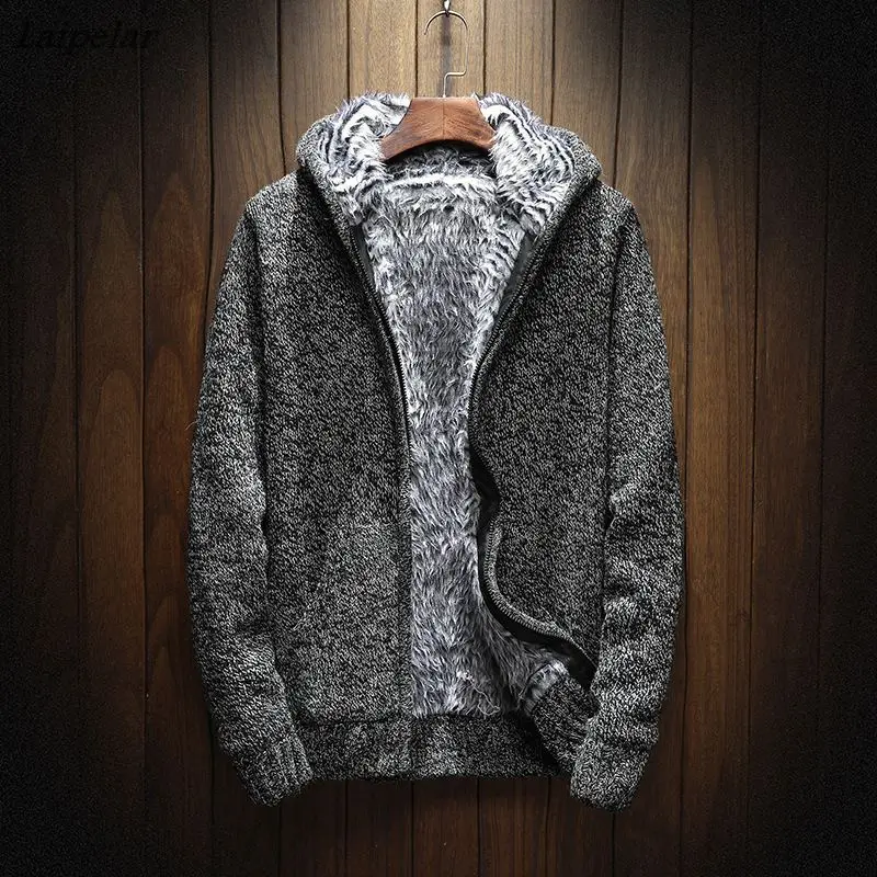 

Laipelar Winter Fashion Knitting Hoodies Warm Thick Men Sweatshirt Zip Male Hooded Fur MC-011