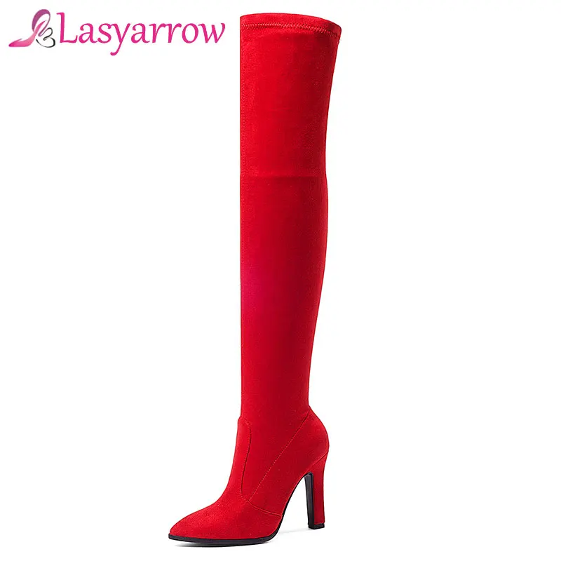 

Lasyarrow Sexy Slim Over the Knee Boots Women's Black Red Thigh High Stiletto Boots Elastic Suede High Heel Long Botas Feminina