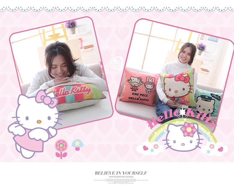 Kawaii HelloKitty Подушка, льняной чехол, мягкий плюшевый текстиль, квадратный рисунок, милый кот Санрио, подушка, подарки для девочек