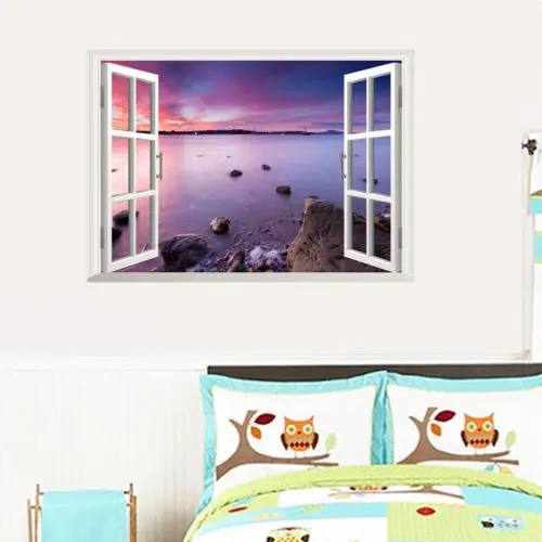 3D виниловая наклейка на стену с изображением окон морского пляжа | Дом и сад