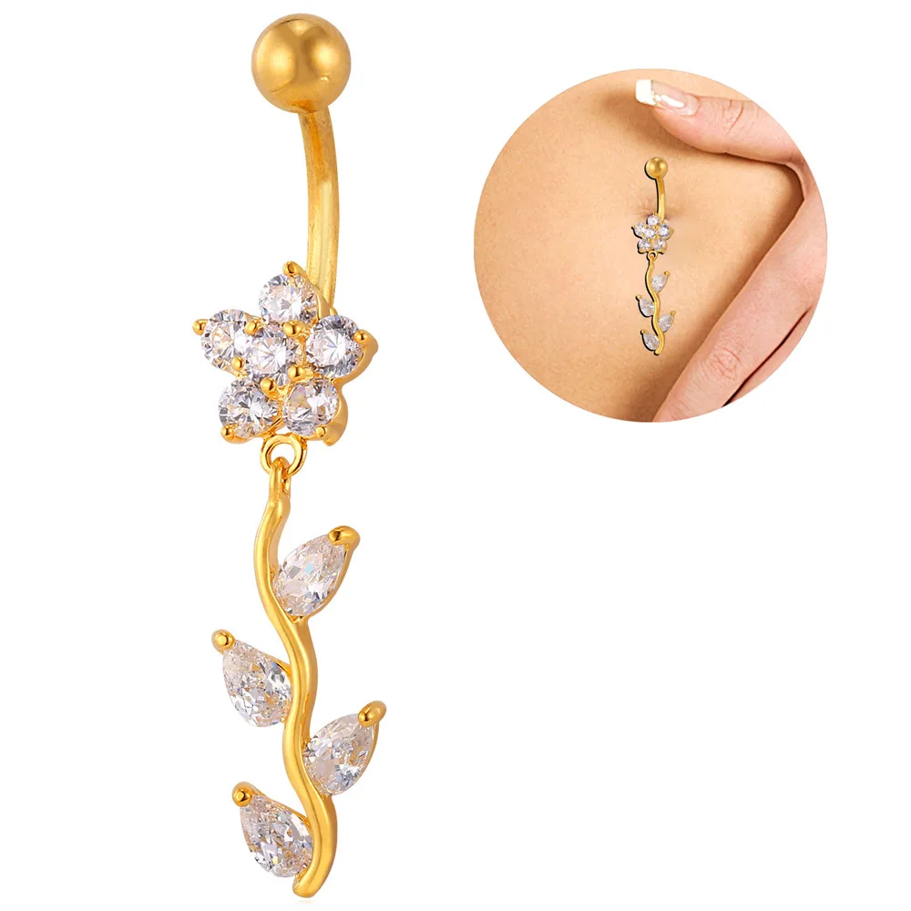 U7 New Crystal Flower Belly Button Ring For Women Body Jewelry Gold Color Party Long Navel Wholesale DB005 |