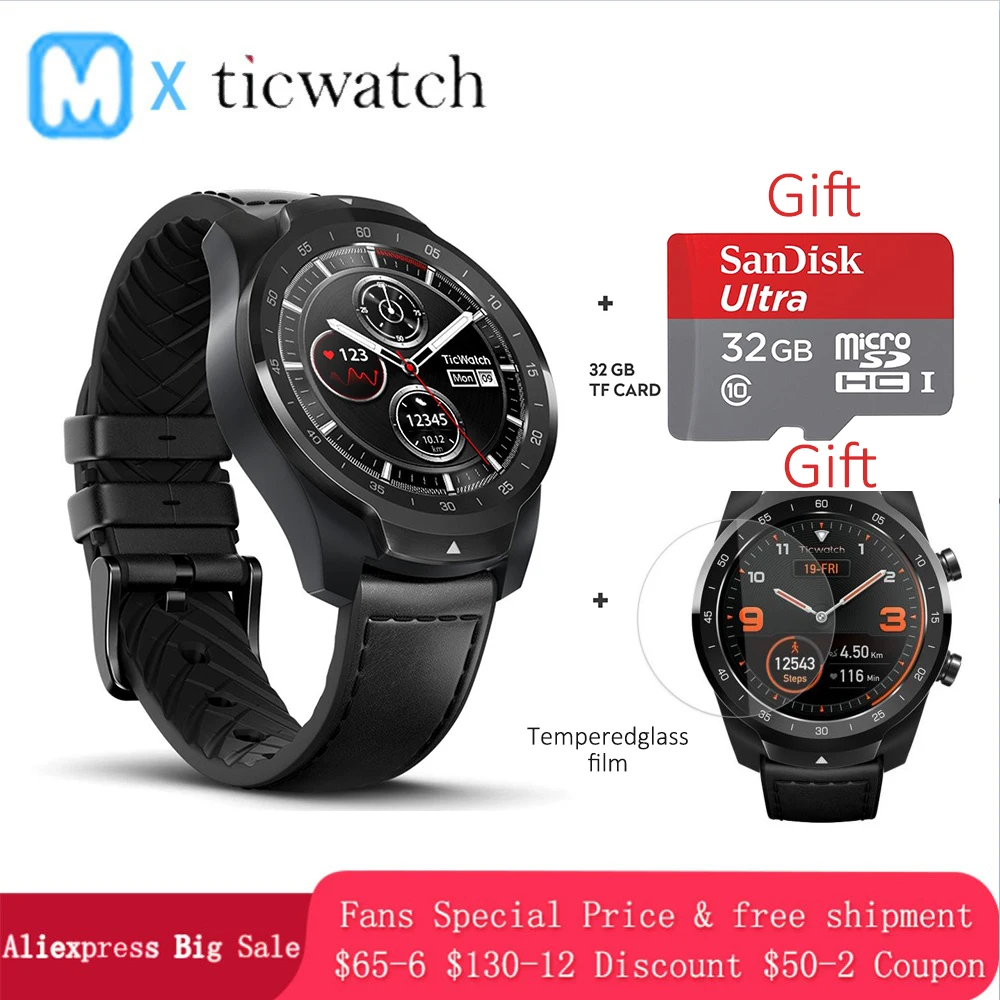 Смарт-часы Ticwatch Pro, Bluetooth, IP68, многослойный дисплей, Поддержка NFC платежей/Google Assistant, одежда OS от Google, 415 мАч, мужские часы