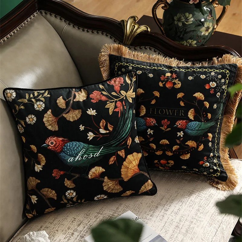 Elegant Retro Flowers Birds Pillow Cushion Cover Throw Decorative Pillows Tassel Cojines Decorativos Para Sofa Coussin Cushions