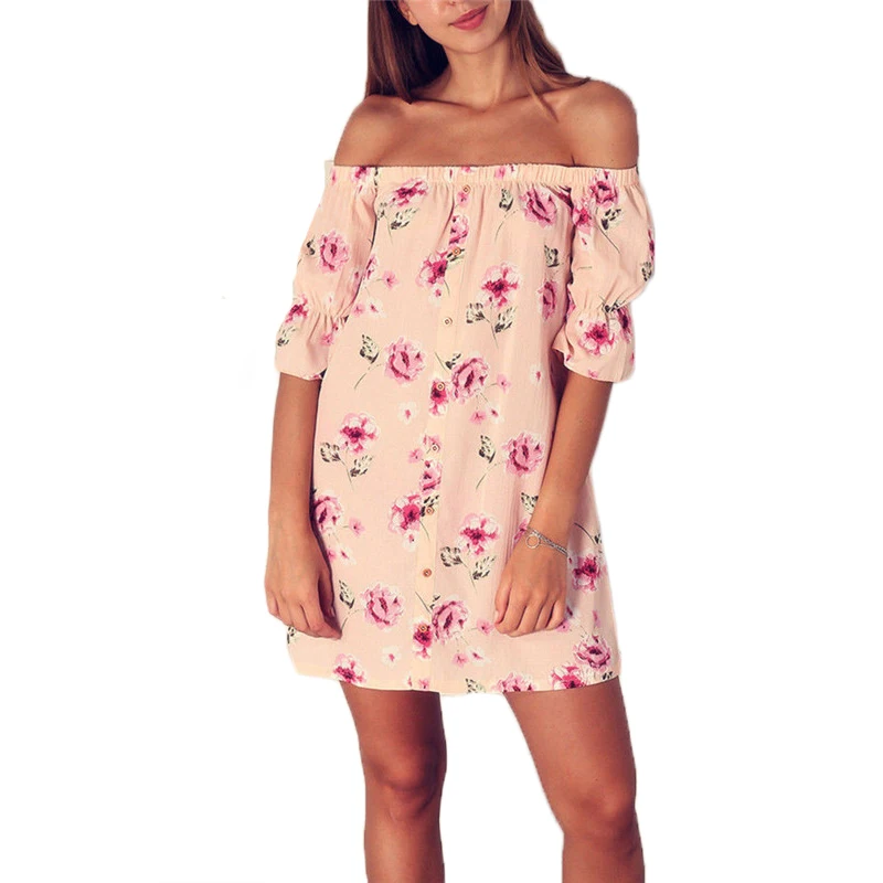 

Off Shoulder hot sexy mini dress 2018 summer short sleeve floral printed boho straight slash neck short mini dress vestidos