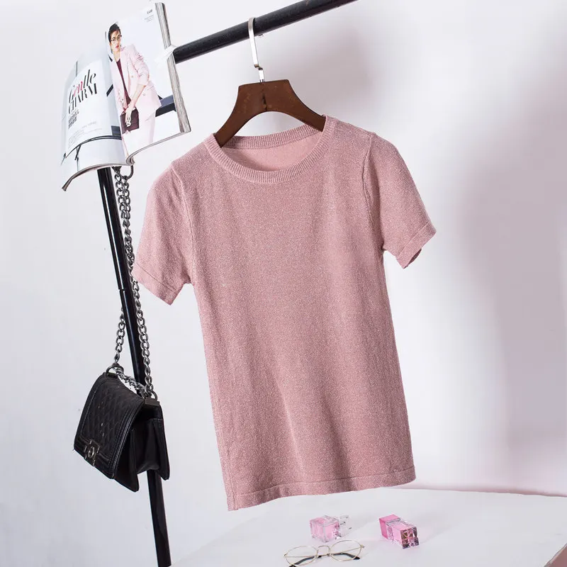 

Knitted Summer T Shirt Women Casual Short Sleeves T-Shirt Breathable Elasticity Kintwear Top O-Neck Female Tshirt