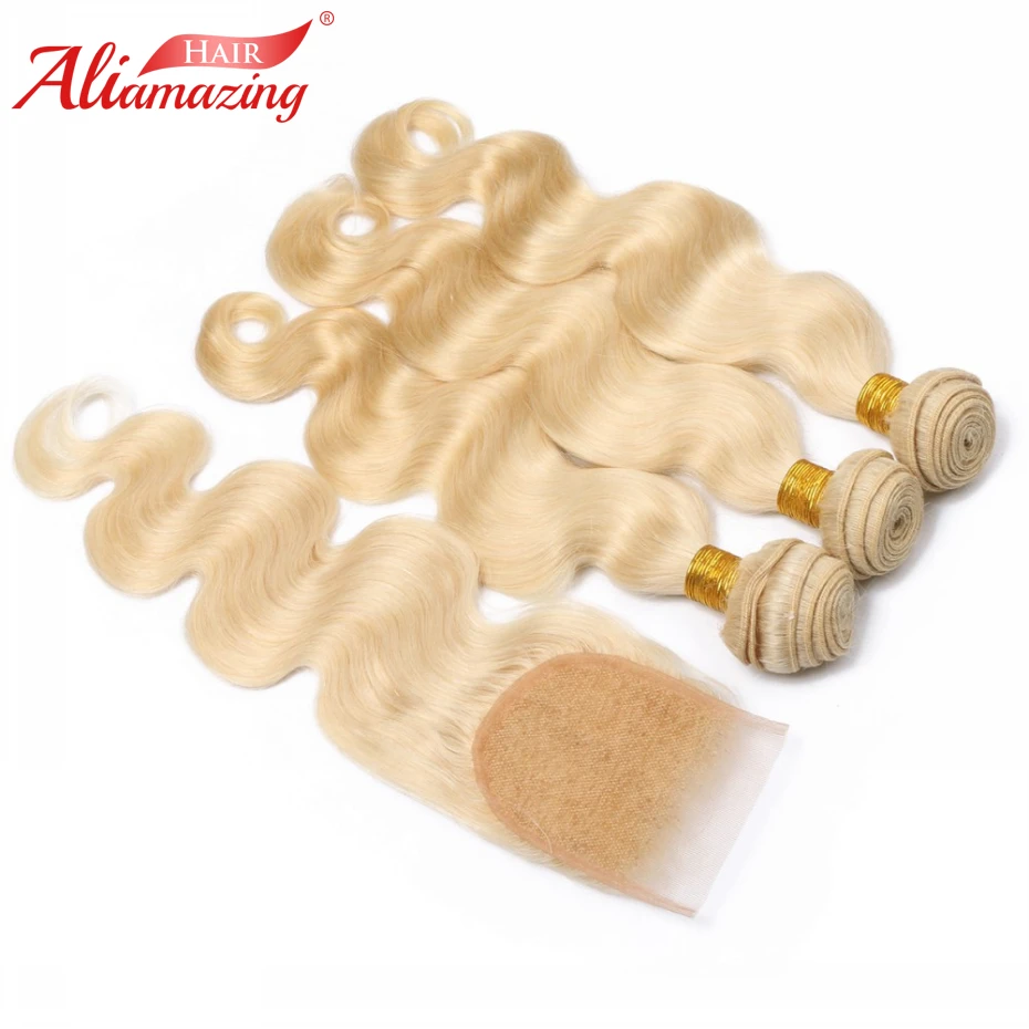 Ali Amazing Hair 613 Blonde Brazilian Body Wave Human Bundles with Closure 3 4x4 Lace Natural Color | Шиньоны и парики