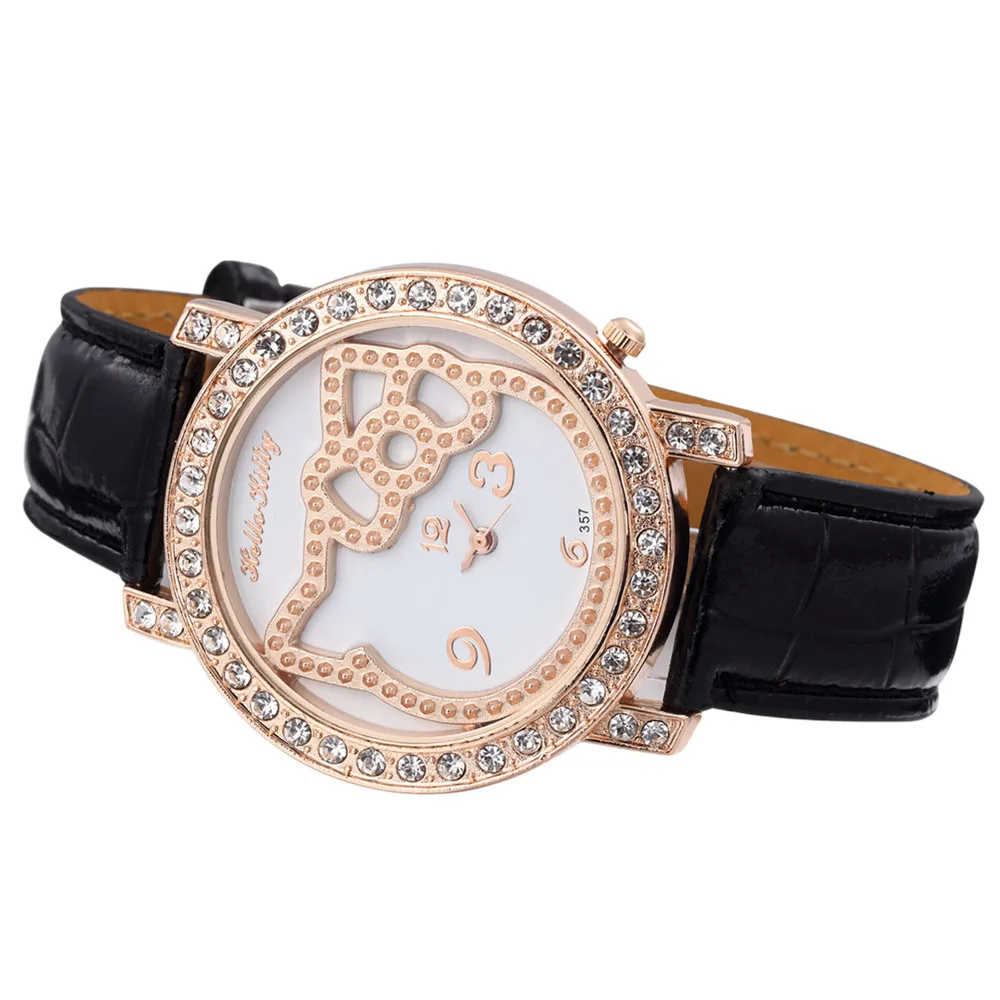 Новый дизайн Кристальные часы Hello Kitty женские модные повседневные с кожаным