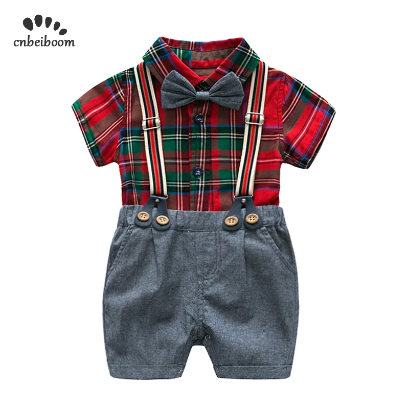 Boys red plaid rompers clothing sets 2019 new baby boy jumpsuit + overalls gentleman suits infant toddler newborn party clothes |