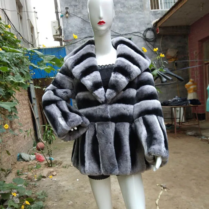 TOPFUR Luxury Turndown Fur Collar Real Fur Coats Winter Rex Rabbit Fur Jacke For Women Fashion Rabbit Fur Coat Chinchilla