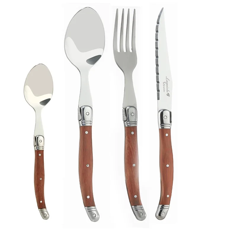 

4-24pcs Laguiole Steak Knives Dinner Forks Table Spoon Mini Coffee Teaspoon Wood Handle Cutlery Restaurant Bar Wooden Tableware