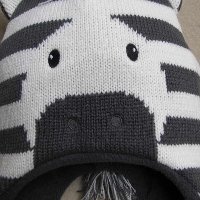 

High Quality Warm Baby Winter Hat Boys Children Toddler Caps Ear Thicked Knitted Girls Hats Beanie Animal Zebra Cute Boys Cap