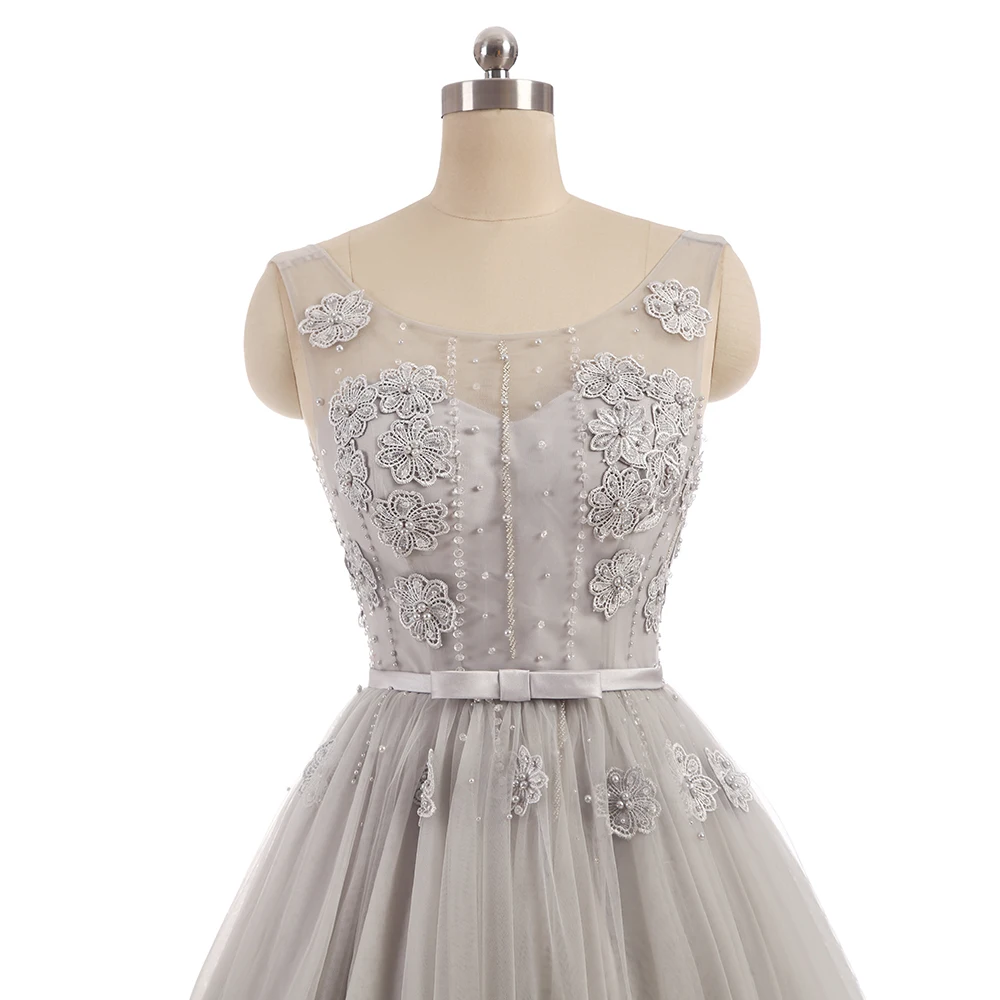 WeiYin Robe de Soiree Elegant O-neck Sleeveless Appliques Beading Evening Party Gray Lace Tea-Length Dresses | Свадьбы и торжества