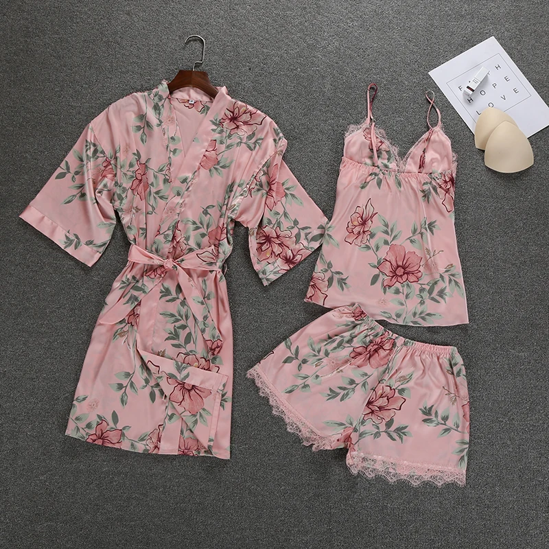 Комплект женской шелковой атласной одежды для сна комплект из 3 предметов