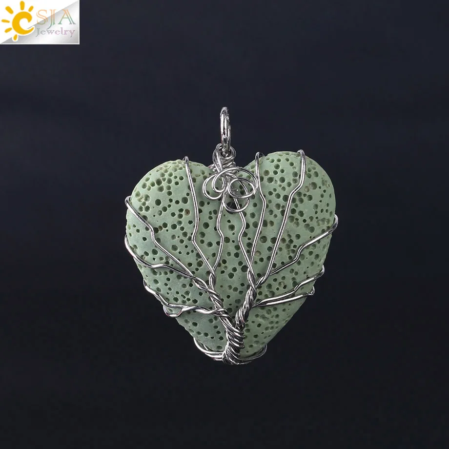 Green CSJA, натуральное ожерелье из вулканического камня, вулканическая скала, форма сердца, проволока, обернутое древо жизни, кулон, ожерелье, подарок на день Святого Валентина, F471 - Окраска металла: Green
