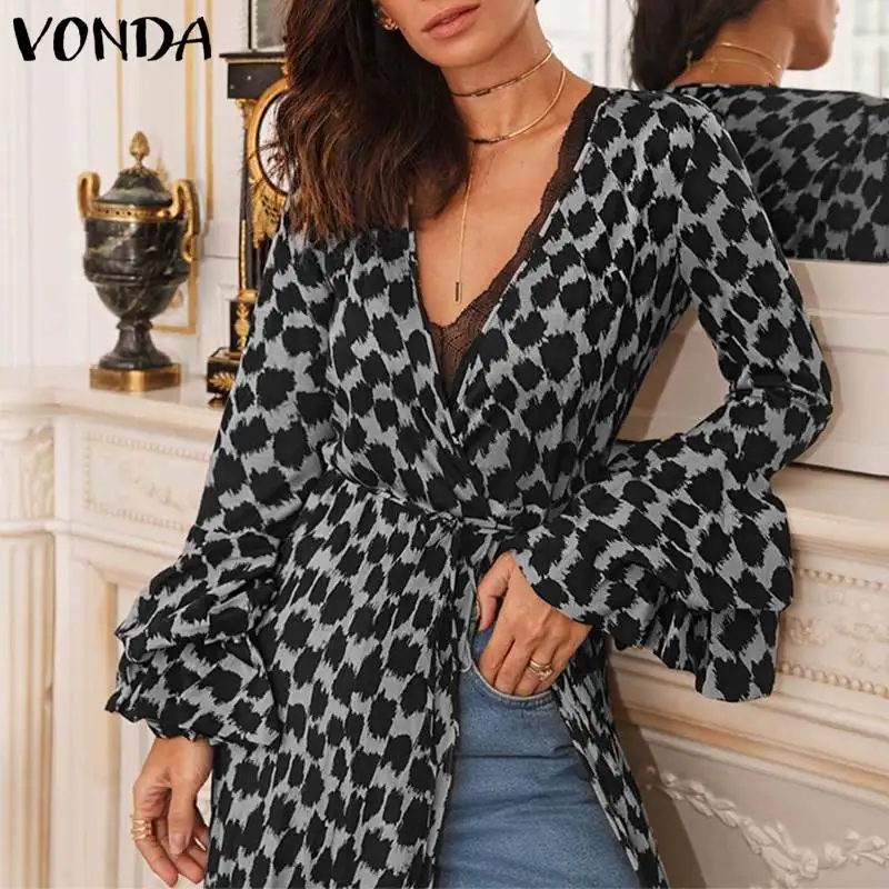 VONDA Sexy Split Maxi Dresses Casual Loose Leopard Print Long Sleeve Women Dress 2020 Autumn Spring V-neck Party Sundress | Женская