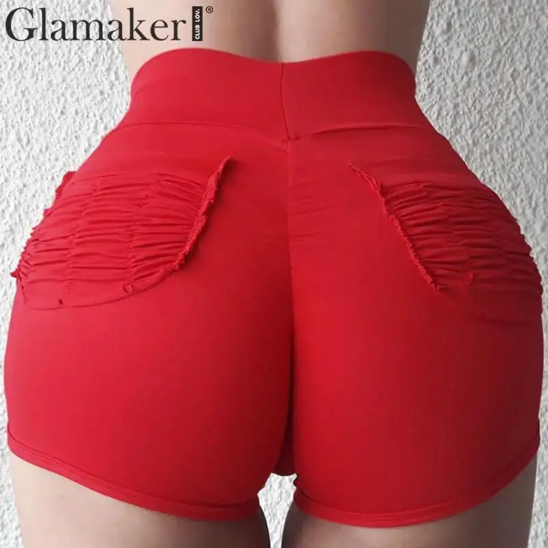 Женские шорты с высокой талией Glamaker черные облегающие красной баской и карманами