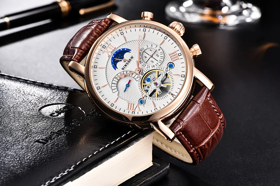 BINSSAW механические часы для мужчин Спорт Tourbillon Автоматический Топ люксовый бренд Relojes Hombre кожа Moon Phase часы relogio