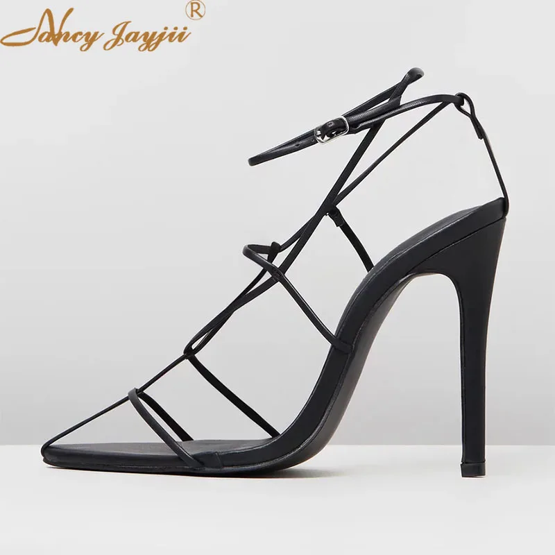 

Nancyjayjii Gladiator Sandals Summer Women’S Black PU Party Mature Super Stiletto Heels Ladies Cross-Tied Buckle Strap Shoes