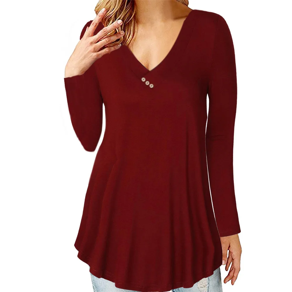 Женская футболка с v-образным вырезом и длинным рукавом,, Camisas Femininas, Женская однотонная Повседневная Свободная футболка на пуговицах/PY