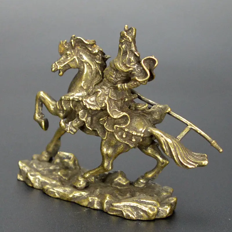 Коллекционный китайский чистый латунный резной Guan Yu ride Horse изысканный маленький