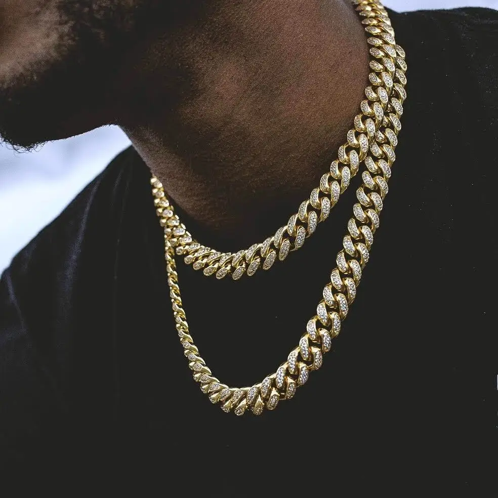 

Finish Men's 13mm Heavy Iced Zircon Miami Cuban Link chain Necklace Choker Hip hop Jewelry Gold color Chain 18" 20" 24'' 28''