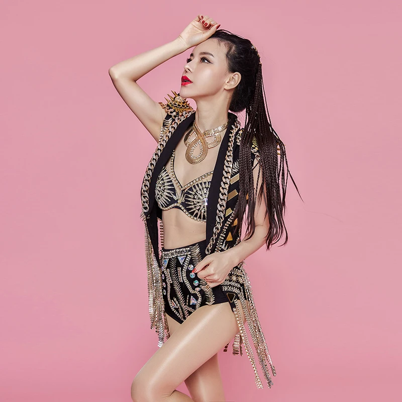 

Gold Diamond Tassel Bodysuit Three-piece Women's Set Prom Party Stage Wear Female Singer Dance Show Sexy Costume Balck Outfit DJ