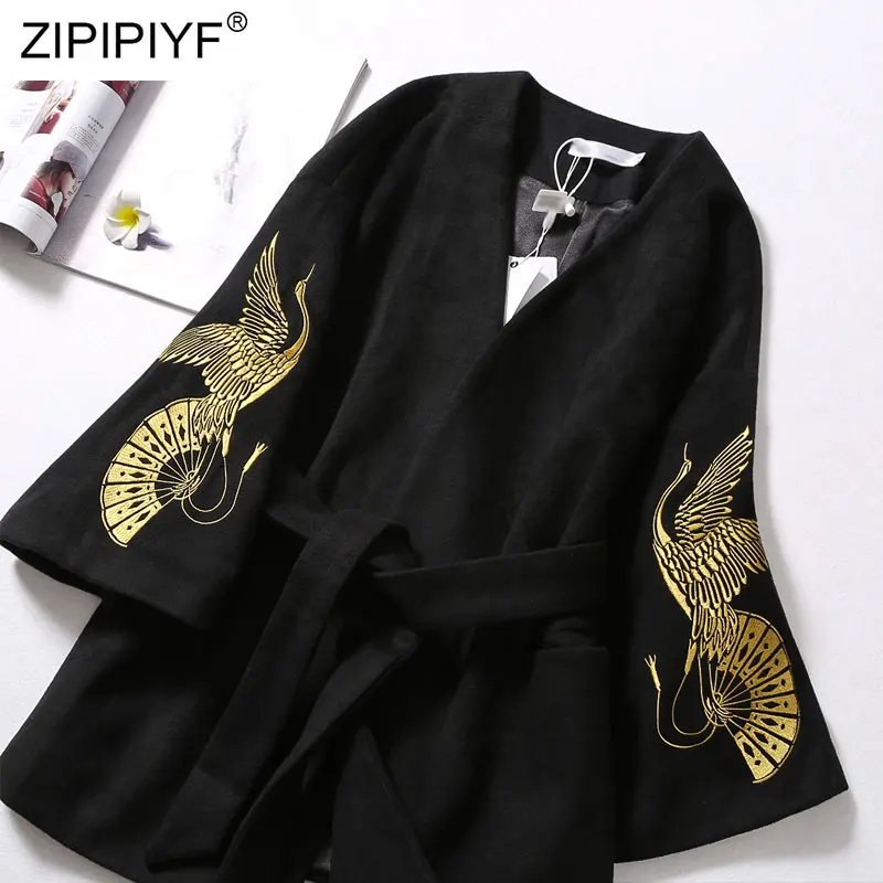 Black Wool Coat Women Crane Embroidery Long Sleeve Chinese Style Vintage Belted Cape Tweed Overcoat Q407 | Женская одежда