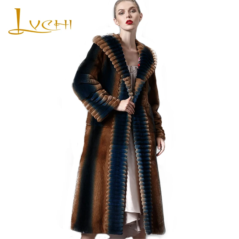 LVCHI Winter 2019 Mink Fur Coats Women's Hat Long Sleeve Coat Full Pelt Ruffles Neck Real Natural Fur X-Long Causal Mink Coats