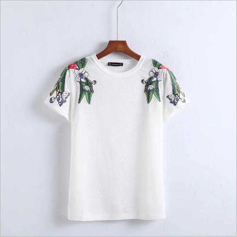 2018 Summer Short Sleeves T Shirt Women stylish floral embroidery Tops O-Neck Casual Pullover female Tunics Girls School tshirt | Женская