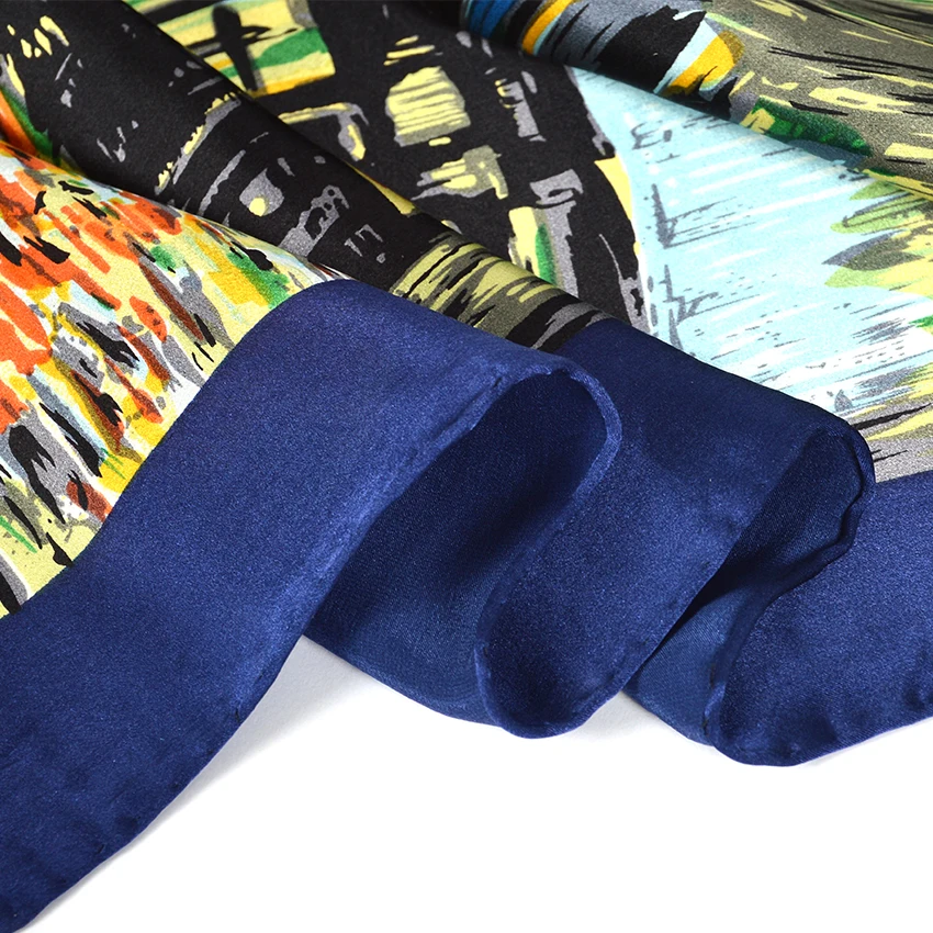 [BYSIFA] темно синие шарфы модный бренд масляной живописи кафе дизайн 100% шелковый