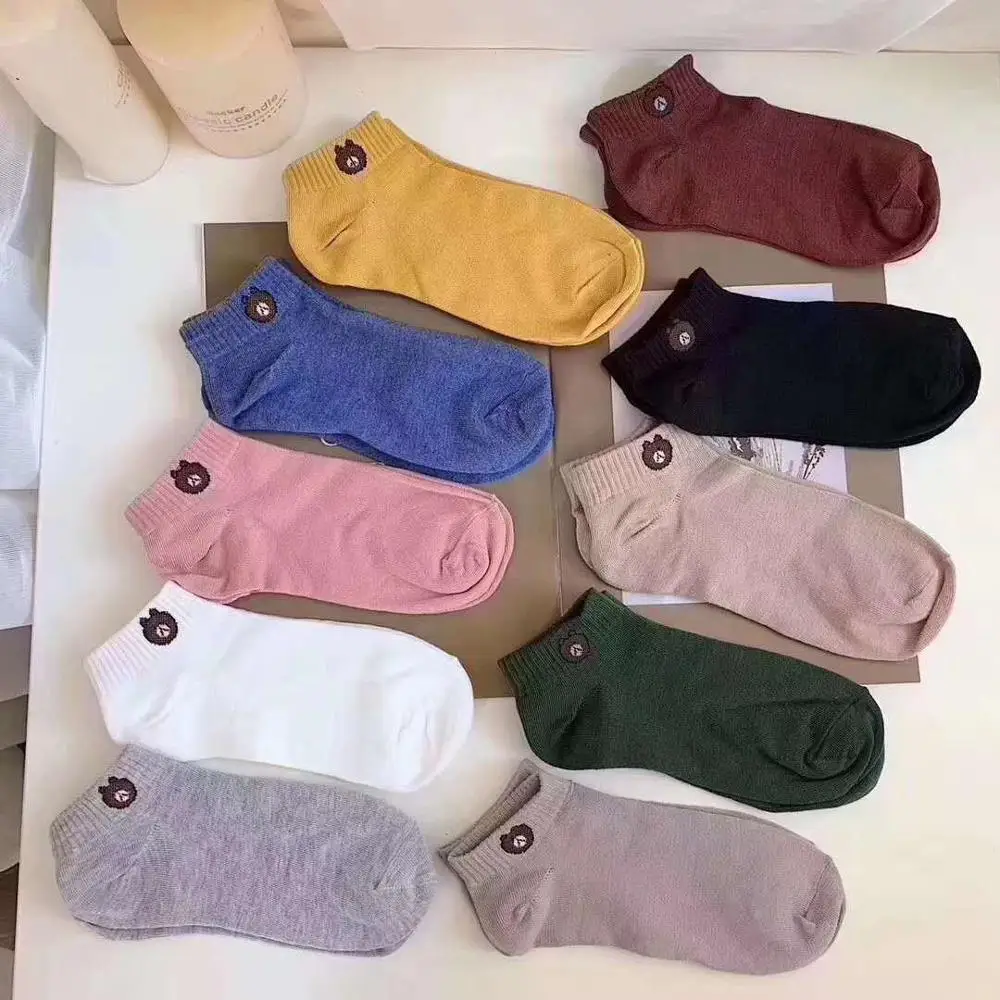 Women's Solid Color Boat Socks Bear Short Paragraph Sports Sweat-Absorbent Cotton Low To Help College Wind Cute | Женская одежда