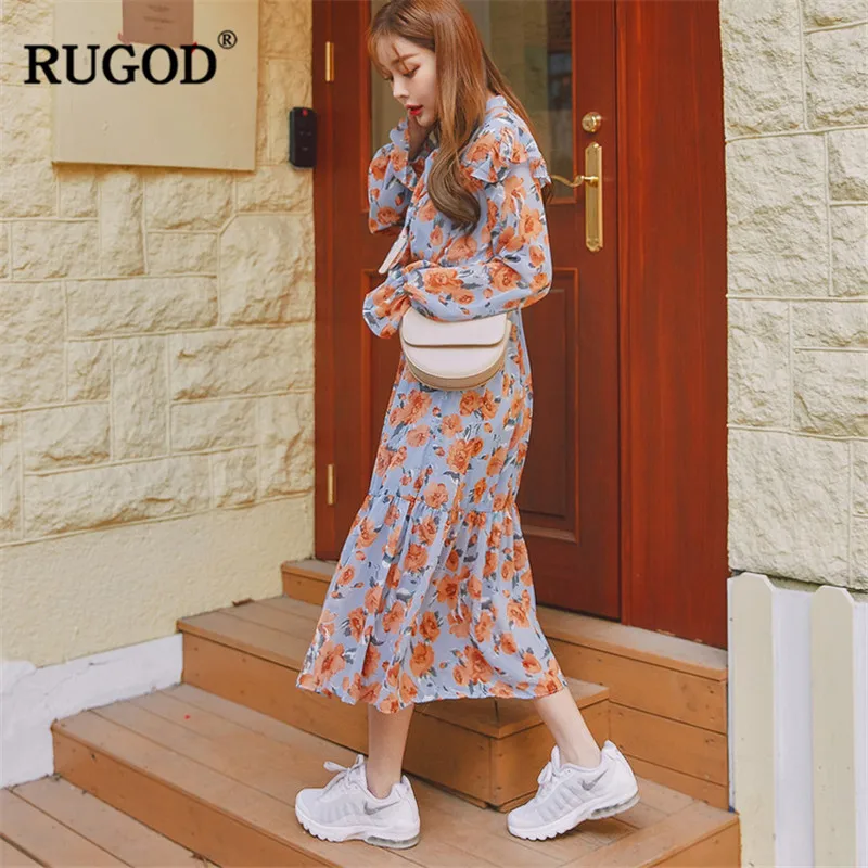 RUGOD/винтажное женское платье с цветочным принтом и расклешенными рукавами