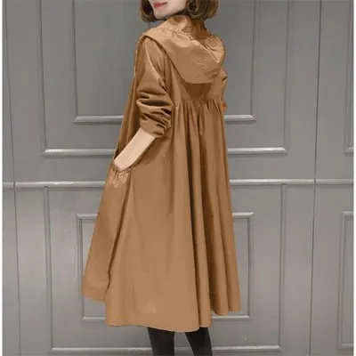 Caramel color Весна осень длинный Тренч женский с капюшоном Корейская верхняя одежда женский свободный плюс размер тонкая ветровка женские пальто 3XL4XL - Цвет: Caramel color