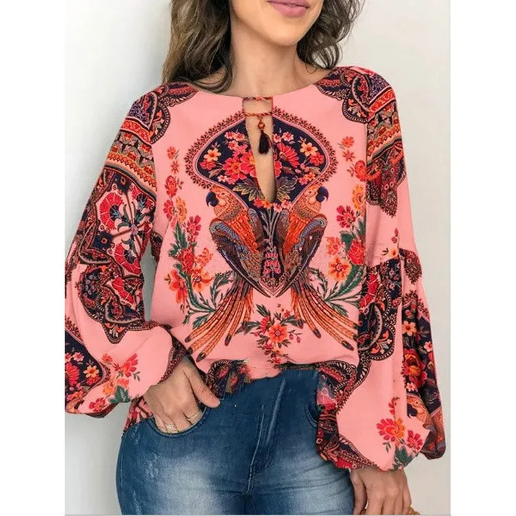 2019 Autumn Women O-Neck Floral Shirt Print Casual Lace-Up Loose Blouse Ladies Lantern Sleeve Boho Tops | Женская одежда