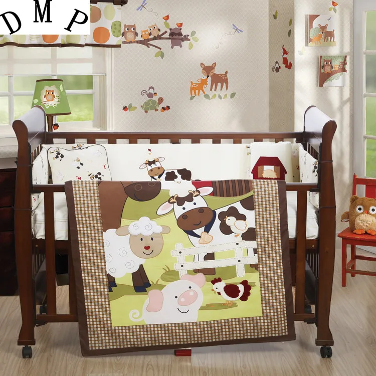 

7PCS Embroidery baby cot bedding set cotton baby bumper baby cot sets baby bed bumper cama infantil (4bumper+duvet+sheet+pillow)