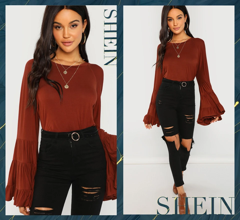 SHEIN, ржавчина, рабочая одежда, элегантная, Многоуровневая, с воланом, с рукавом колокол, с рюшами, с длинным рукавом, однотонная блузка, осень, минималистичные Женские топы и блузки
