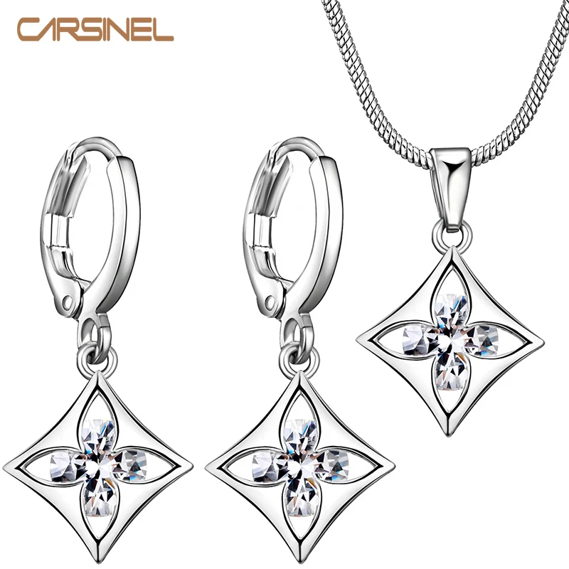 CARSINEL, циркон, квадратный цветок, ювелирный набор, прозрачный обруч, серьги, подвеска, ожерелье, шарм, ювелирный набор, серебряный цвет, ювелирное изделие для женщин