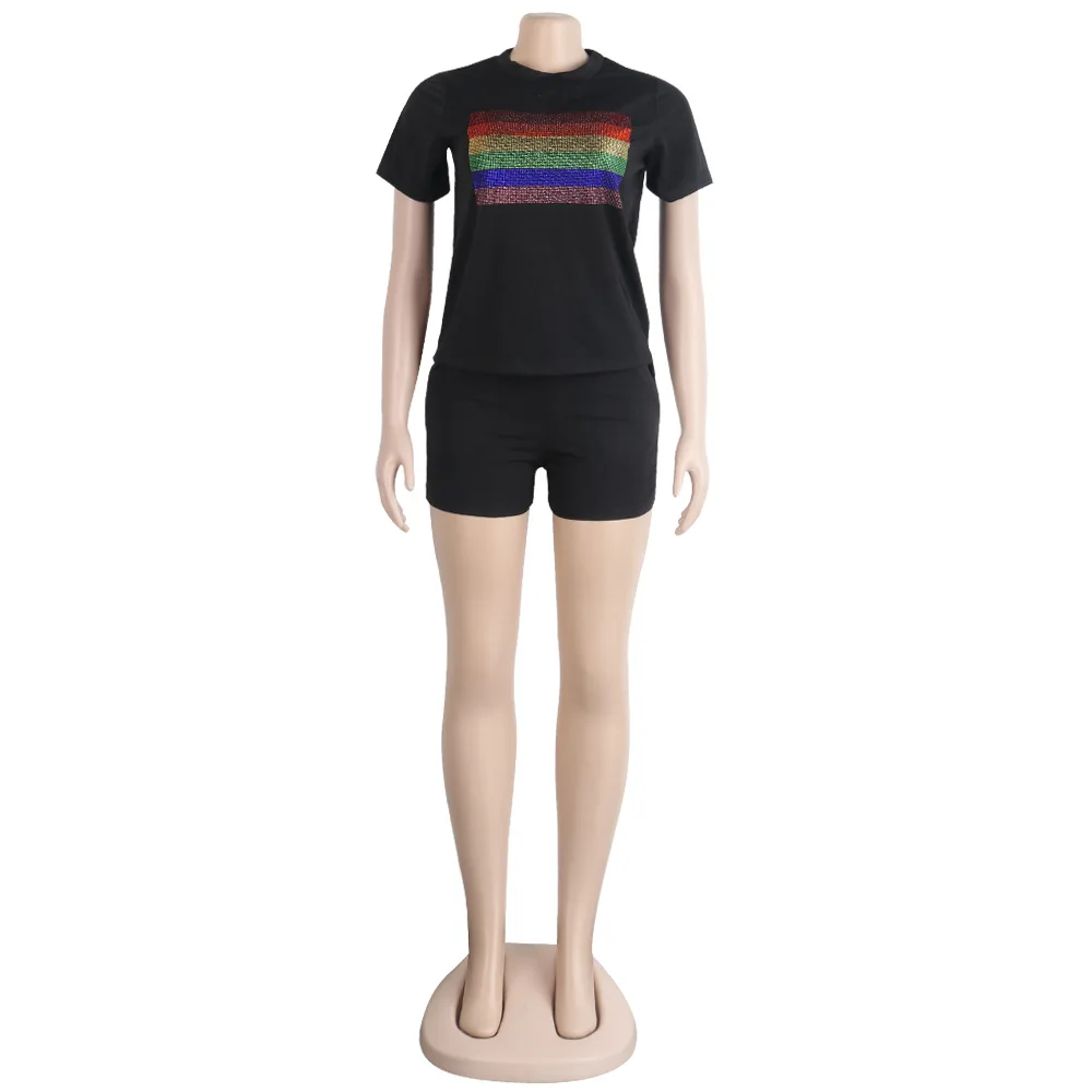 Rainbow Rhinestone Two Piece Summer Clothes for Women Short Sleeve T Shirt+ Bodycon Biker Shorts Plus Size Causal Matching Sets