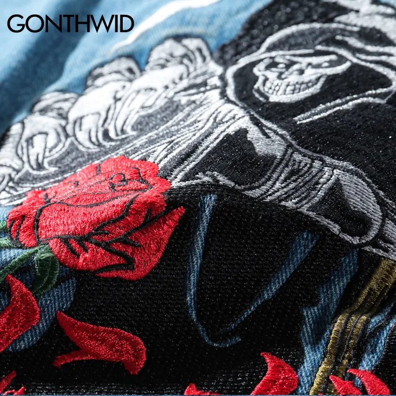 GONTHWID/джинсовые куртки с вышивкой «Grim Reaper», «Rose», с рваными дырками, с рукавами, «Tie Dye», повседневные джинсовые куртки, пальто в стиле хип-хоп
