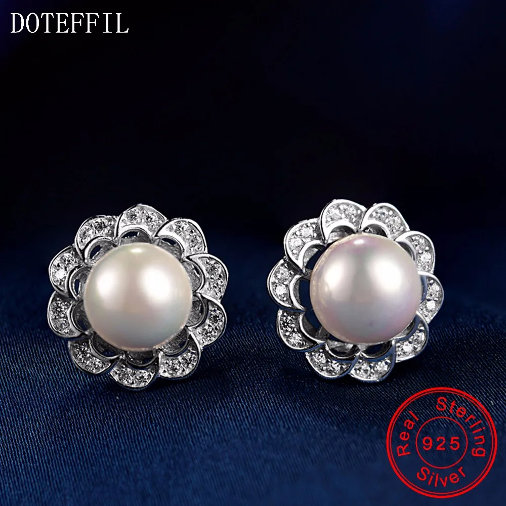

Sterling Silver Women Charm Pearl Earrings 100% 925 Silver Fashion Zircon Round Stud Earrings Luxury Women Jewelry