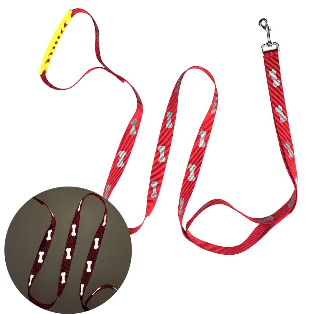 Luminous or Reflective Dog Leash+Collar Bone and Paw Pattern Nylon Double Handle Leash Adjustable puppy Pet dog collar | Дом и сад