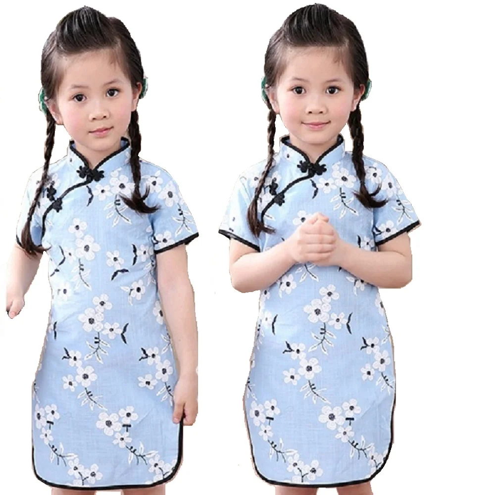 Rose Floral Baby Girls Qipao Dress Chinese Traditional Chi-pao Fashion New Year Children Dresses Kids Cheongsam Linen Clothes images - 6