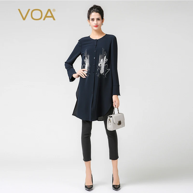 Блузка VOA Женская офисная с длинным рукавом однотонная темно синяя B7210|silk blouse|blouses