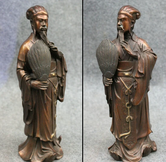 

xd 002170 10" Chinese Pure Bronze Famous Strategist ZhuGeLiang King Ming Hold Fan Statue