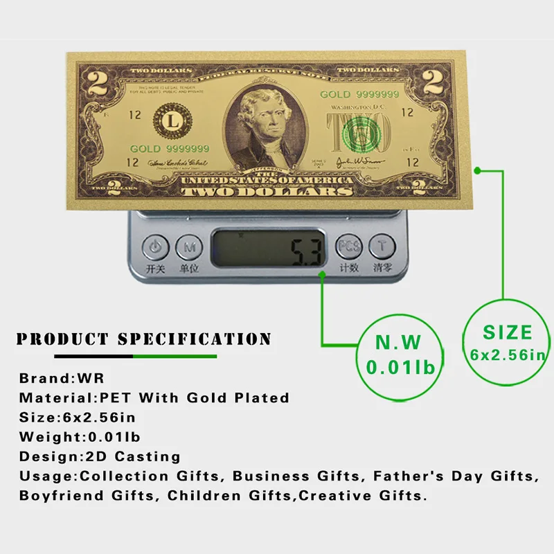 WR 2 доллар 24k позолоченные мировые нормальные деньги корпоративный подарок